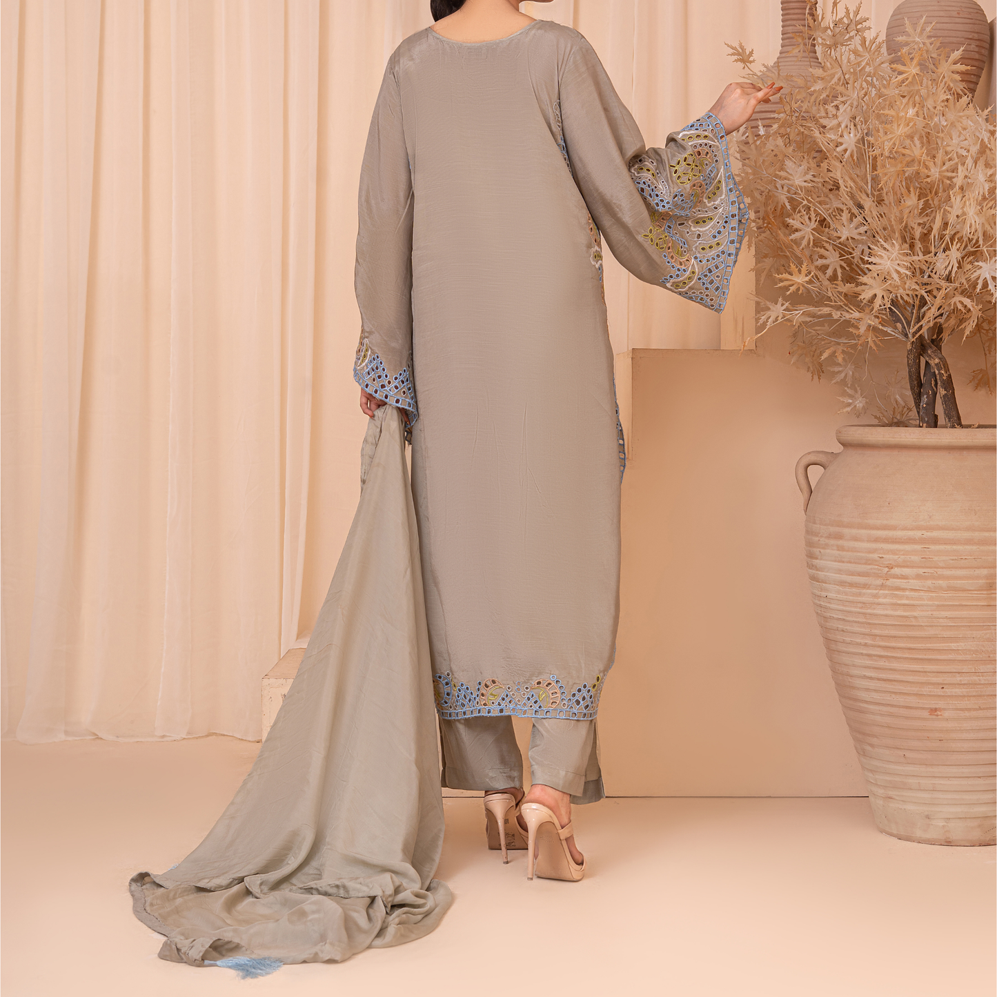 Sheesha Silk Cutwork Embroidered 3-Piece Suit with Cotton Silk Trouser & Medium Dupatta