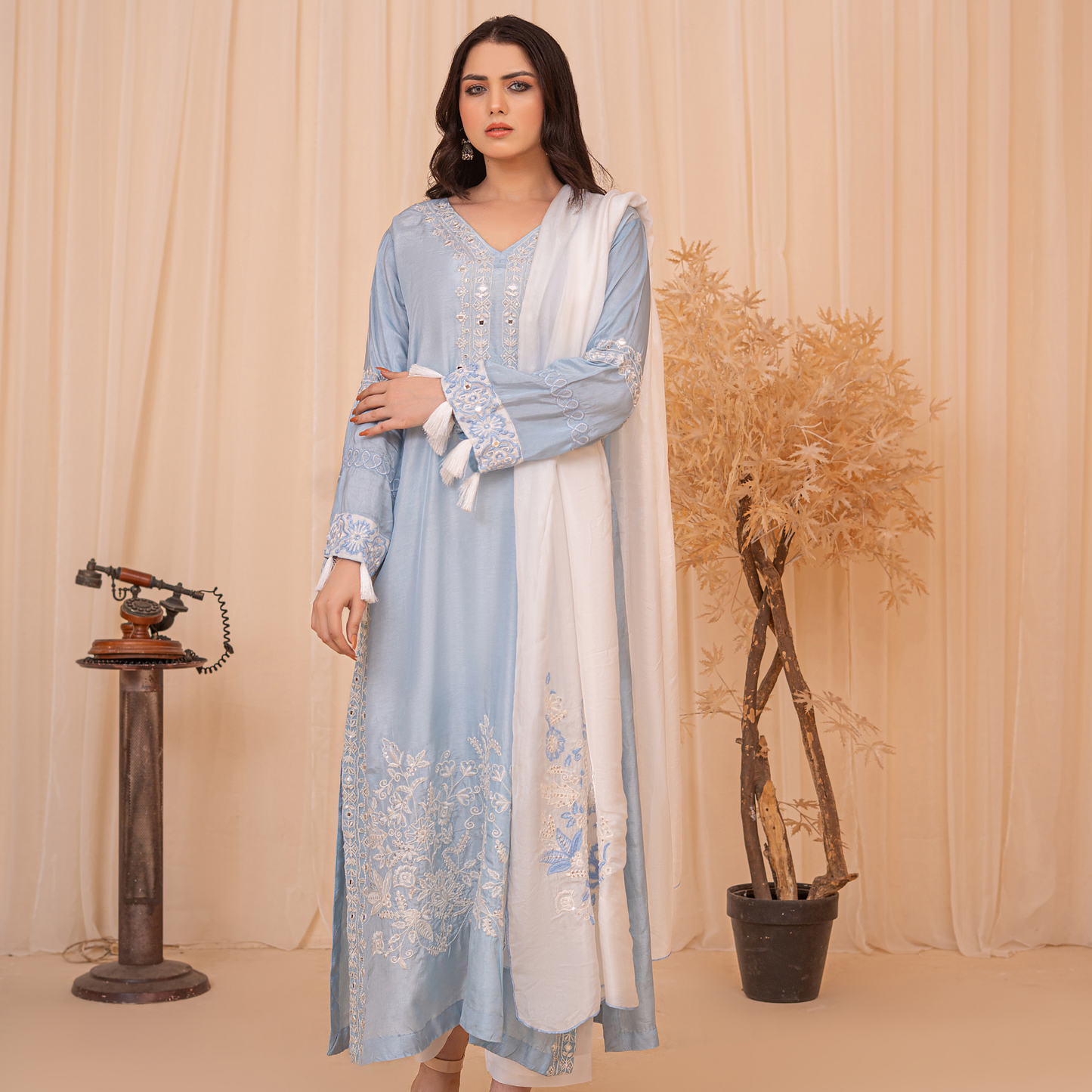 Premium Sheesha Silk Embroidered Kaftan Dress with Mirror Work & Silk Dupatta
