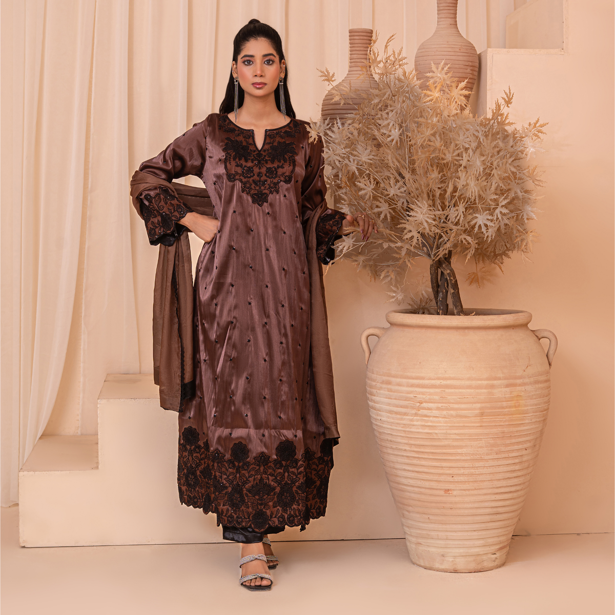 3-Piece Korean Silk Embroidered Kaftan Set with Trouser & Medium Silk Dupatta
