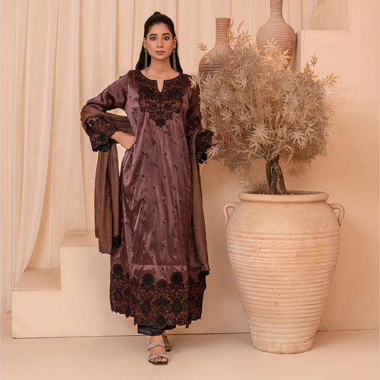 3-Piece Korean Silk Embroidered Kaftan Set with Trouser & Medium Silk Dupatta