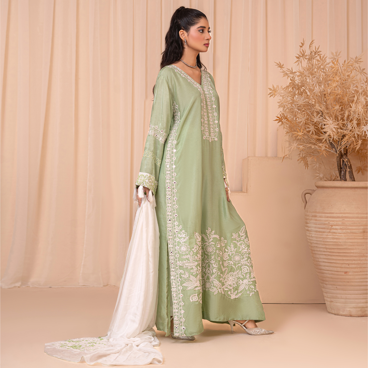 3-Piece Indian Tussle Silk Embroidered Kaftan Dress with Silk Dupatta & Crepe Silk Trouser