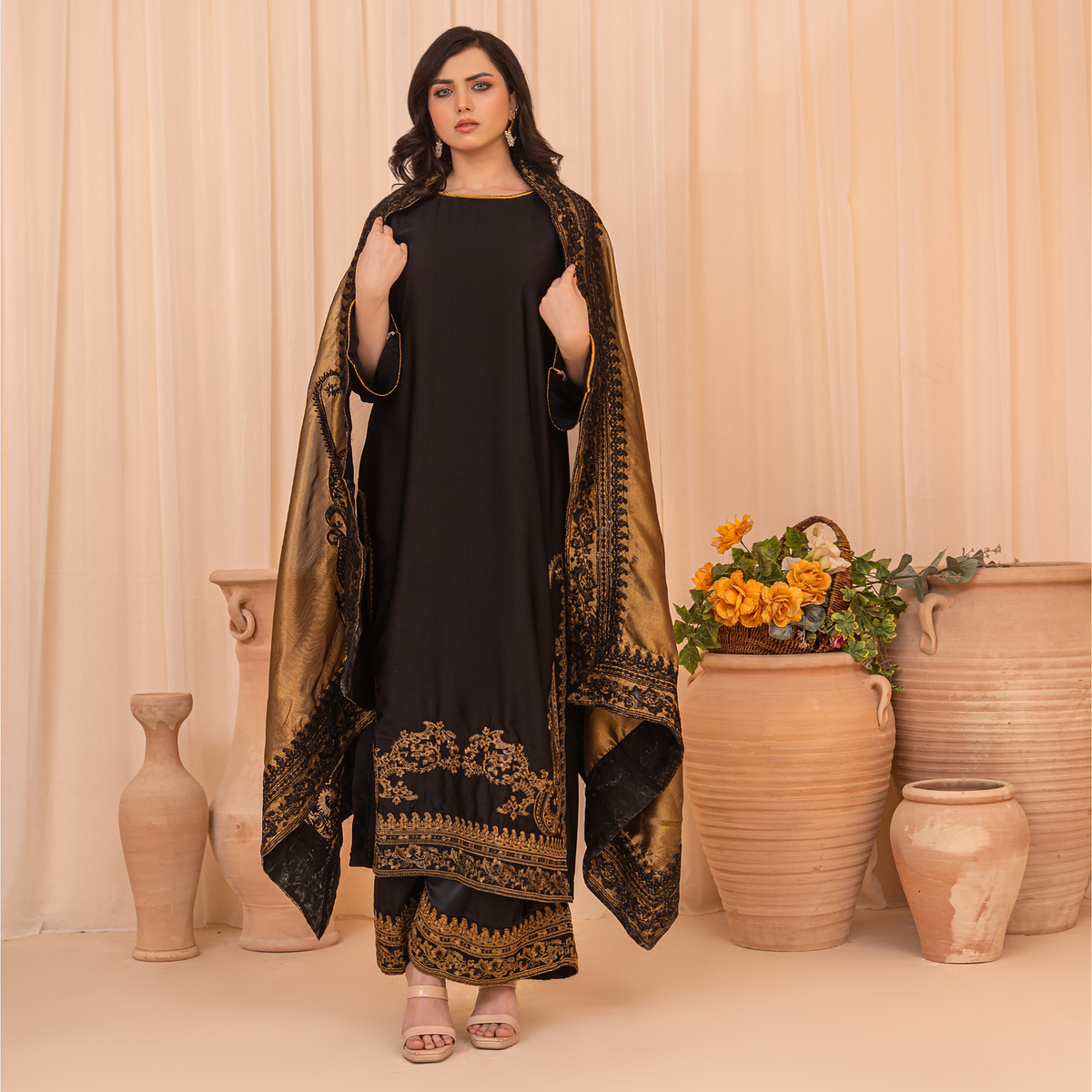 Premium Silk China Embroidered Sharara Suit Set with Tissue Silk Dupatta | Luxury Pakistani Wedding & Eid Outfit