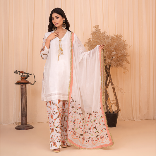 Pure Raw Silk 3-Piece Embroidered Suit | Handwork Sleeves, Farshi Shalwar & Chiffon Dupatta