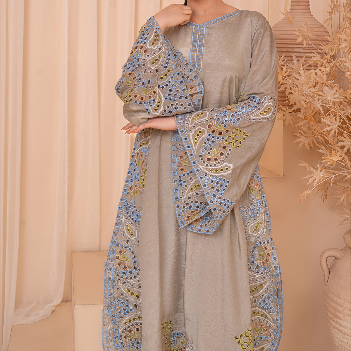 Sheesha Silk Cutwork Embroidered 3-Piece Suit with Cotton Silk Trouser & Medium Dupatta