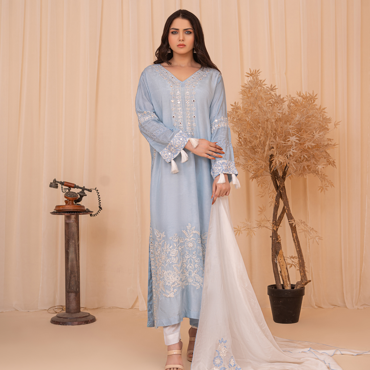 Premium Sheesha Silk Embroidered Kaftan Dress with Mirror Work & Silk Dupatta
