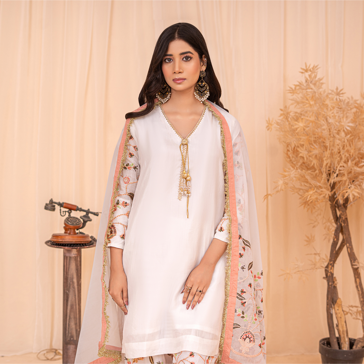 Pure Raw Silk 3-Piece Embroidered Suit | Handwork Sleeves, Farshi Shalwar & Chiffon Dupatta