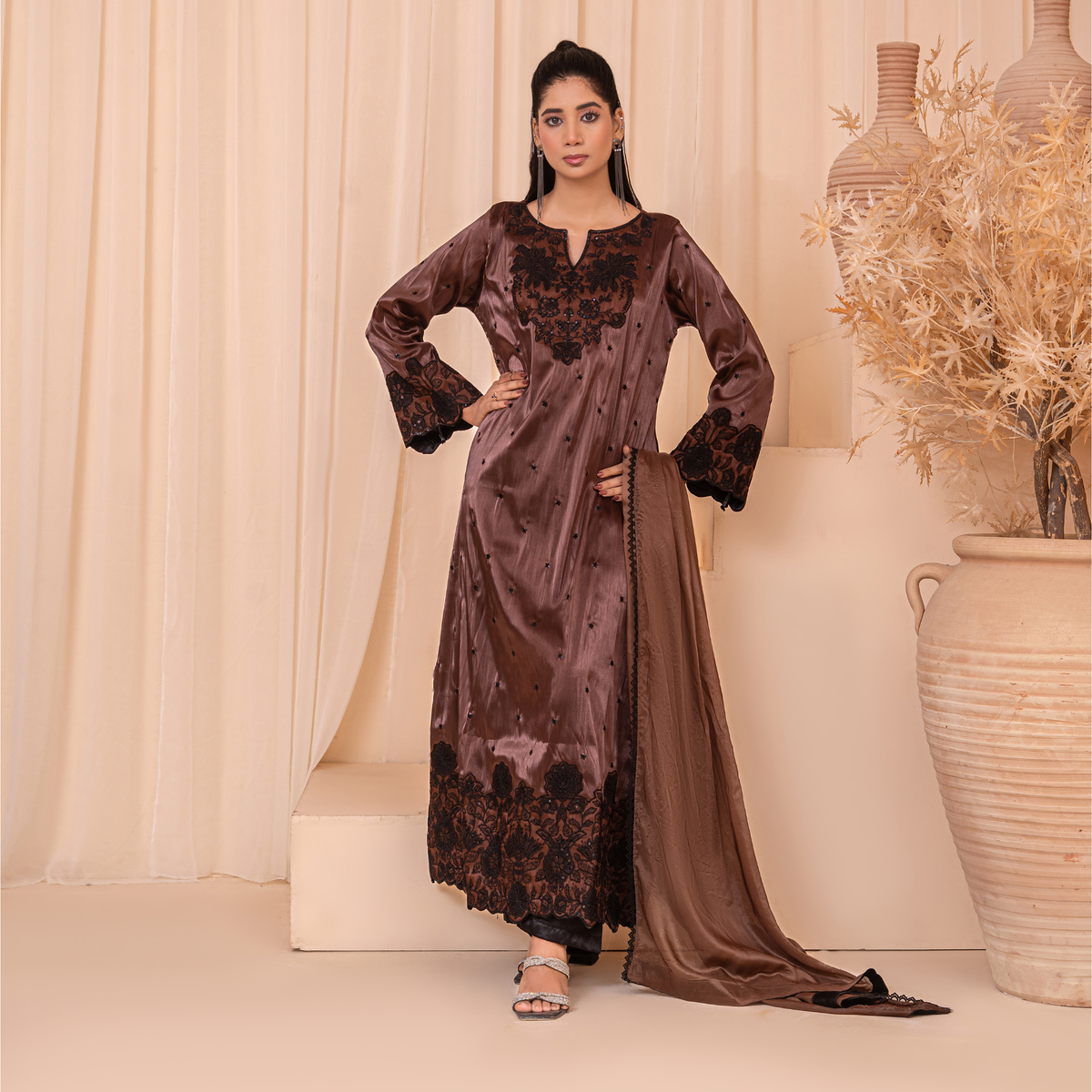 3-Piece Korean Silk Embroidered Kaftan Set with Trouser & Medium Silk Dupatta