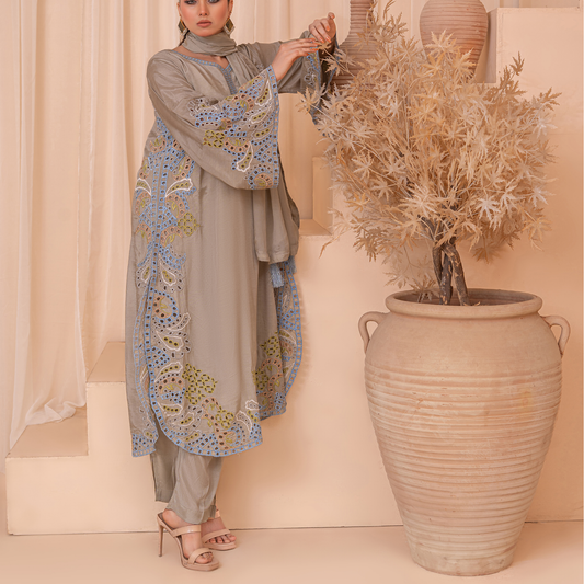Sheesha Silk Cutwork Embroidered 3-Piece Suit with Cotton Silk Trouser & Medium Dupatta