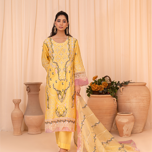 3-Piece Korean Silk Kaftan Set for Women – Embroidered Stitched Kaftan with Trouser & Dupatta