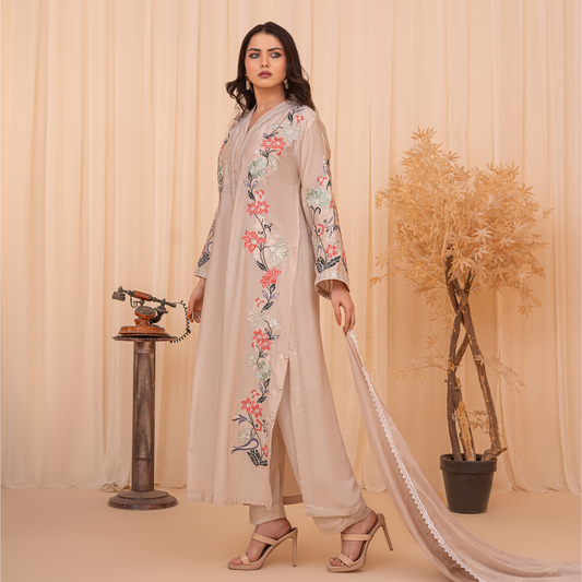 3-Piece Embroidered Velvet Silk Kaftan Set for Women | Luxury Party Wear Outfit