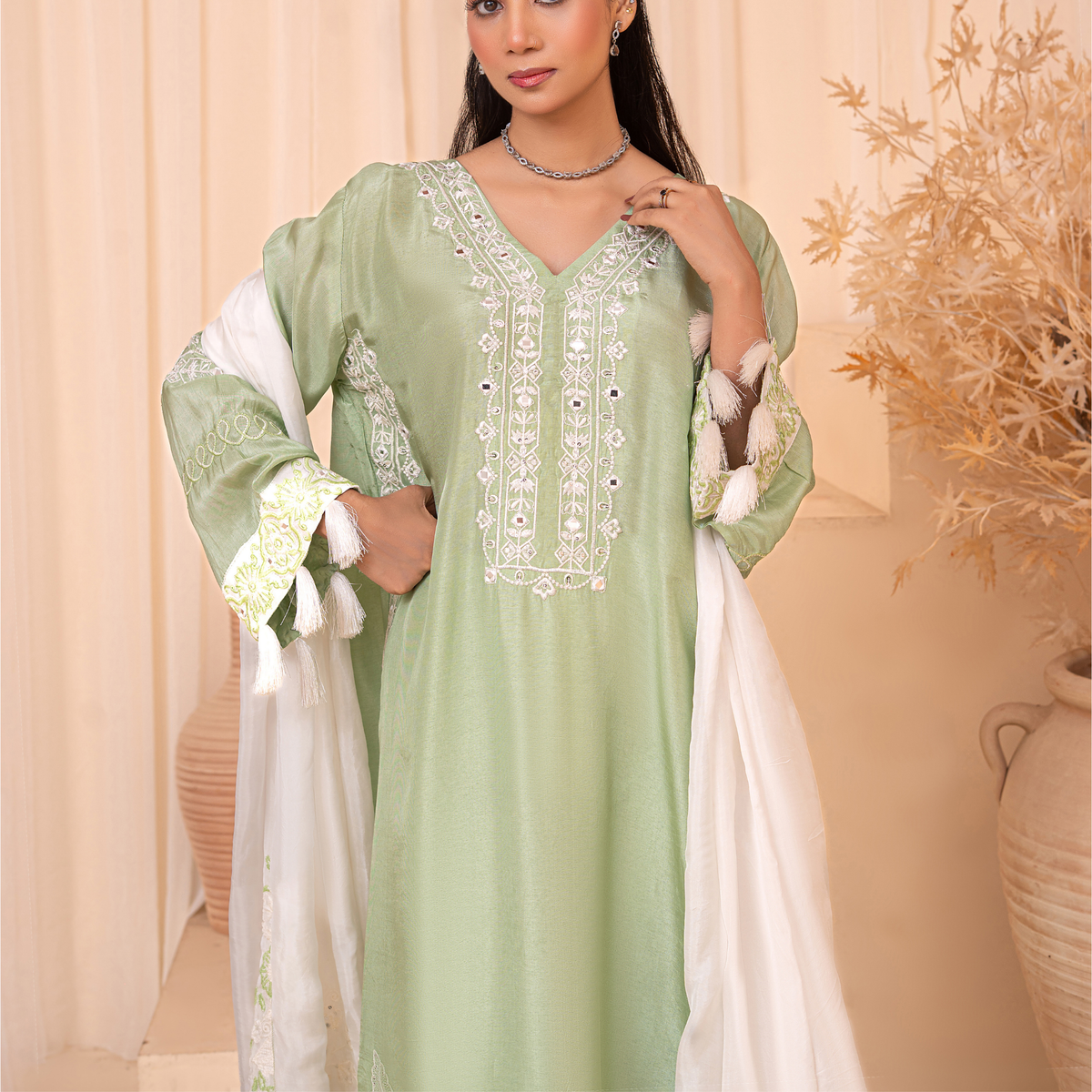 3-Piece Indian Tussle Silk Embroidered Kaftan Dress with Silk Dupatta & Crepe Silk Trouser