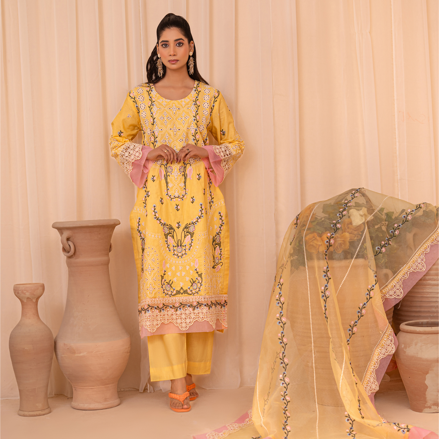 3-Piece Korean Silk Kaftan Set for Women – Embroidered Stitched Kaftan with Trouser & Dupatta
