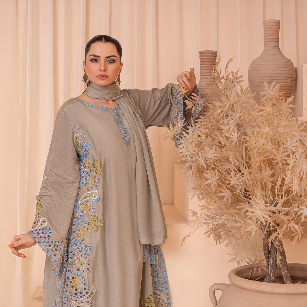 Sheesha Silk Cutwork Embroidered 3-Piece Suit with Cotton Silk Trouser & Medium Dupatta