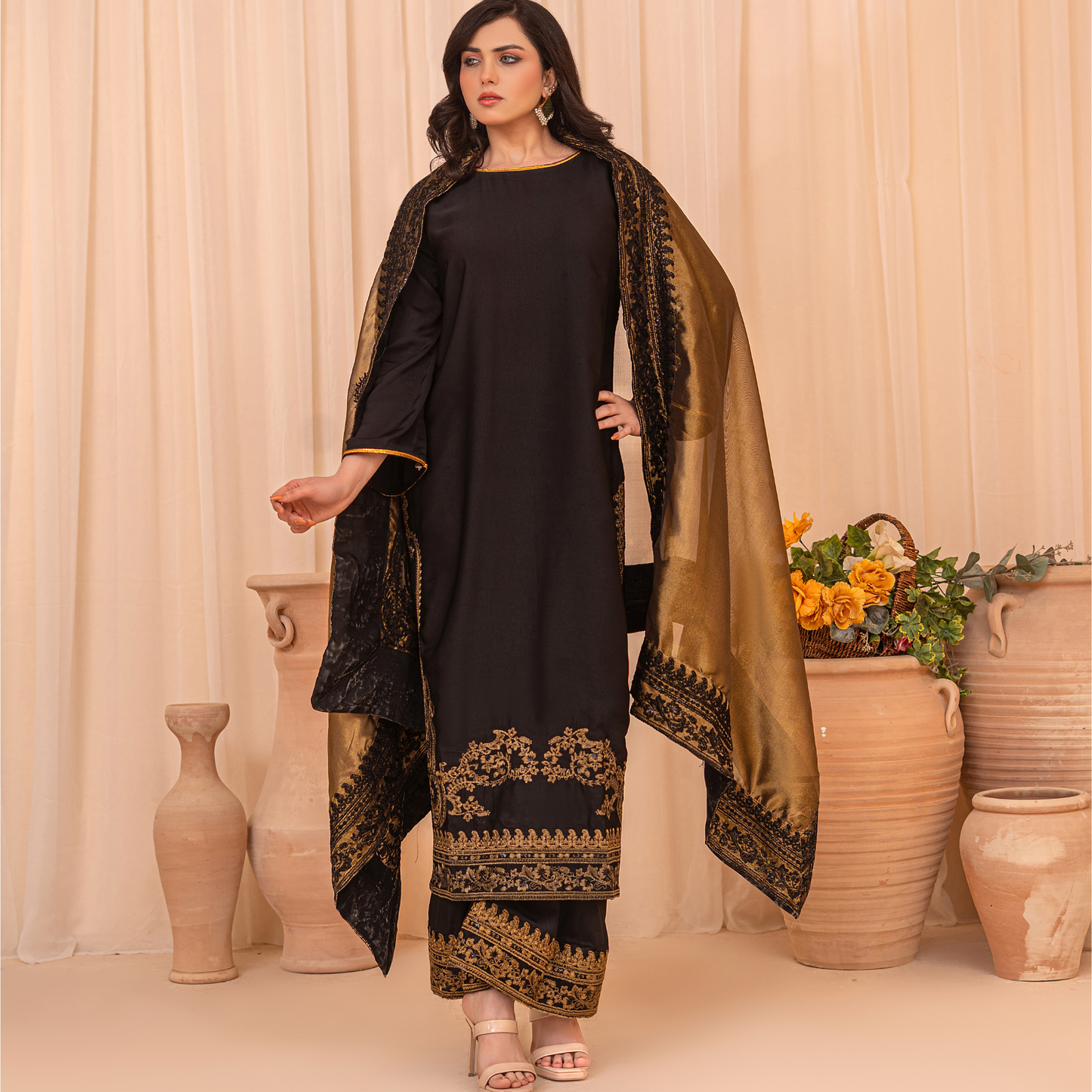 Premium Silk China Embroidered Sharara Suit Set with Tissue Silk Dupatta | Luxury Pakistani Wedding & Eid Outfit