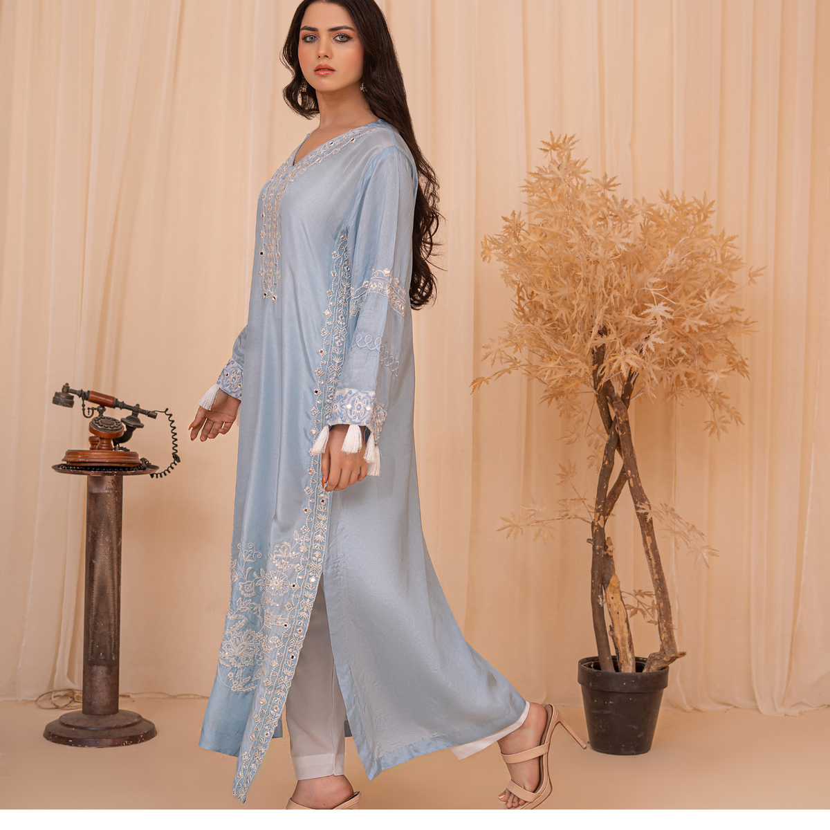 Premium Sheesha Silk Embroidered Kaftan Dress with Mirror Work & Silk Dupatta