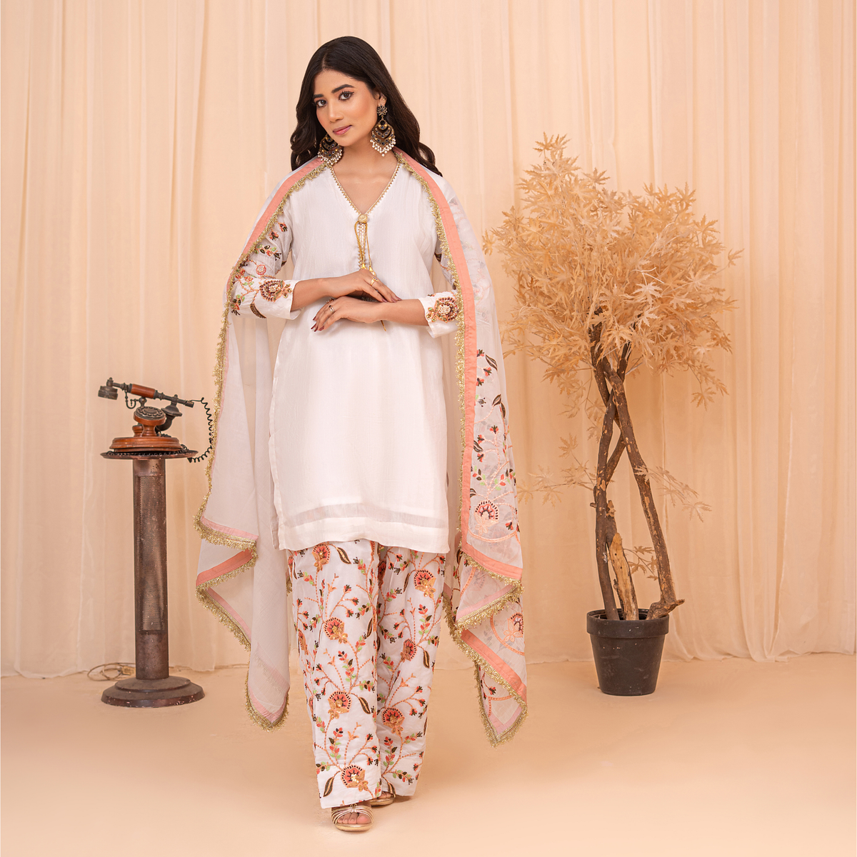 Pure Raw Silk 3-Piece Embroidered Suit | Handwork Sleeves, Farshi Shalwar & Chiffon Dupatta