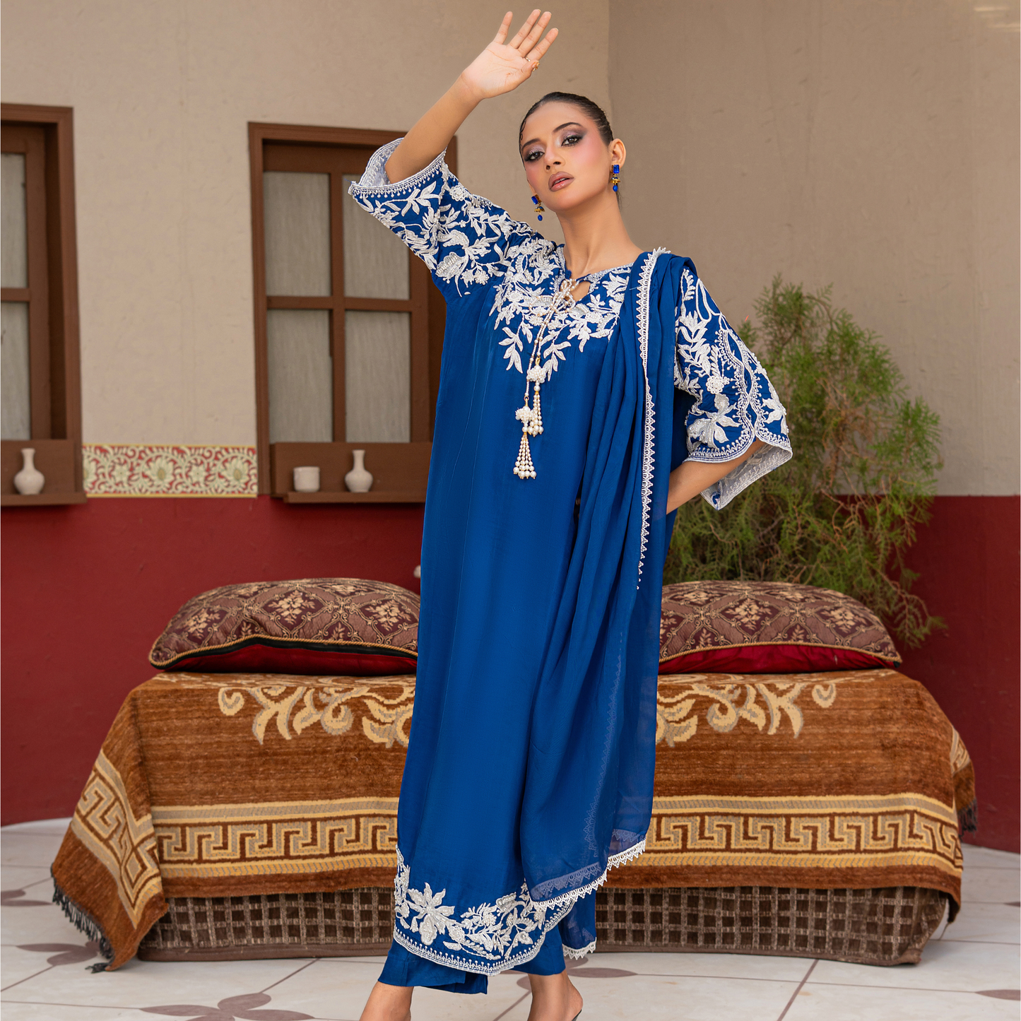 3 Piece Russian Silk Kaftan Set with Embroidered Silk Dupatta & Hand Embellished Details