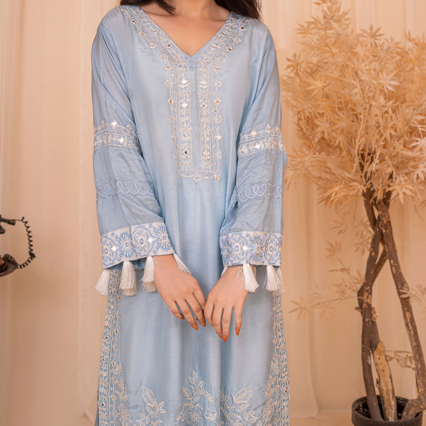Premium Sheesha Silk Embroidered Kaftan Dress with Mirror Work & Silk Dupatta