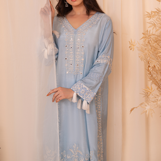 Premium Sheesha Silk Embroidered Kaftan Dress with Mirror Work & Silk Dupatta