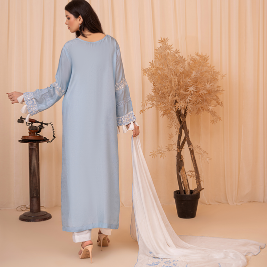 Premium Sheesha Silk Embroidered Kaftan Dress with Mirror Work & Silk Dupatta