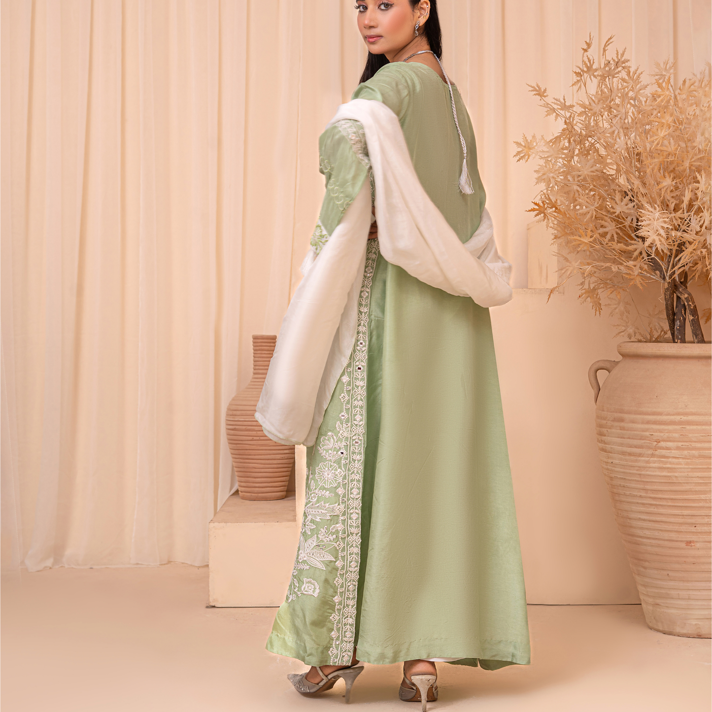 3-Piece Indian Tussle Silk Embroidered Kaftan Dress with Silk Dupatta & Crepe Silk Trouser