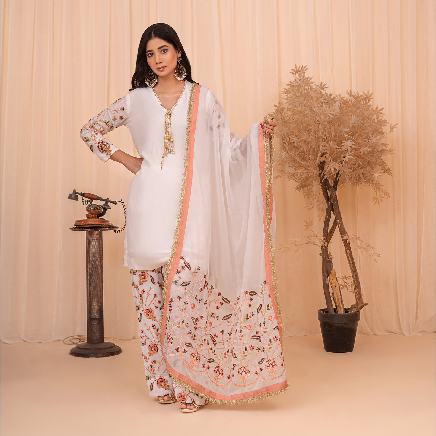 Pure Raw Silk 3-Piece Embroidered Suit | Handwork Sleeves, Farshi Shalwar & Chiffon Dupatta