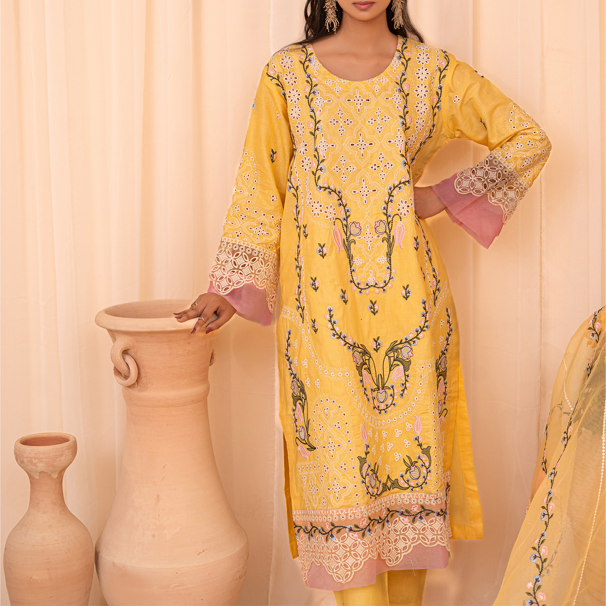 3-Piece Korean Silk Kaftan Set for Women – Embroidered Stitched Kaftan with Trouser & Dupatta