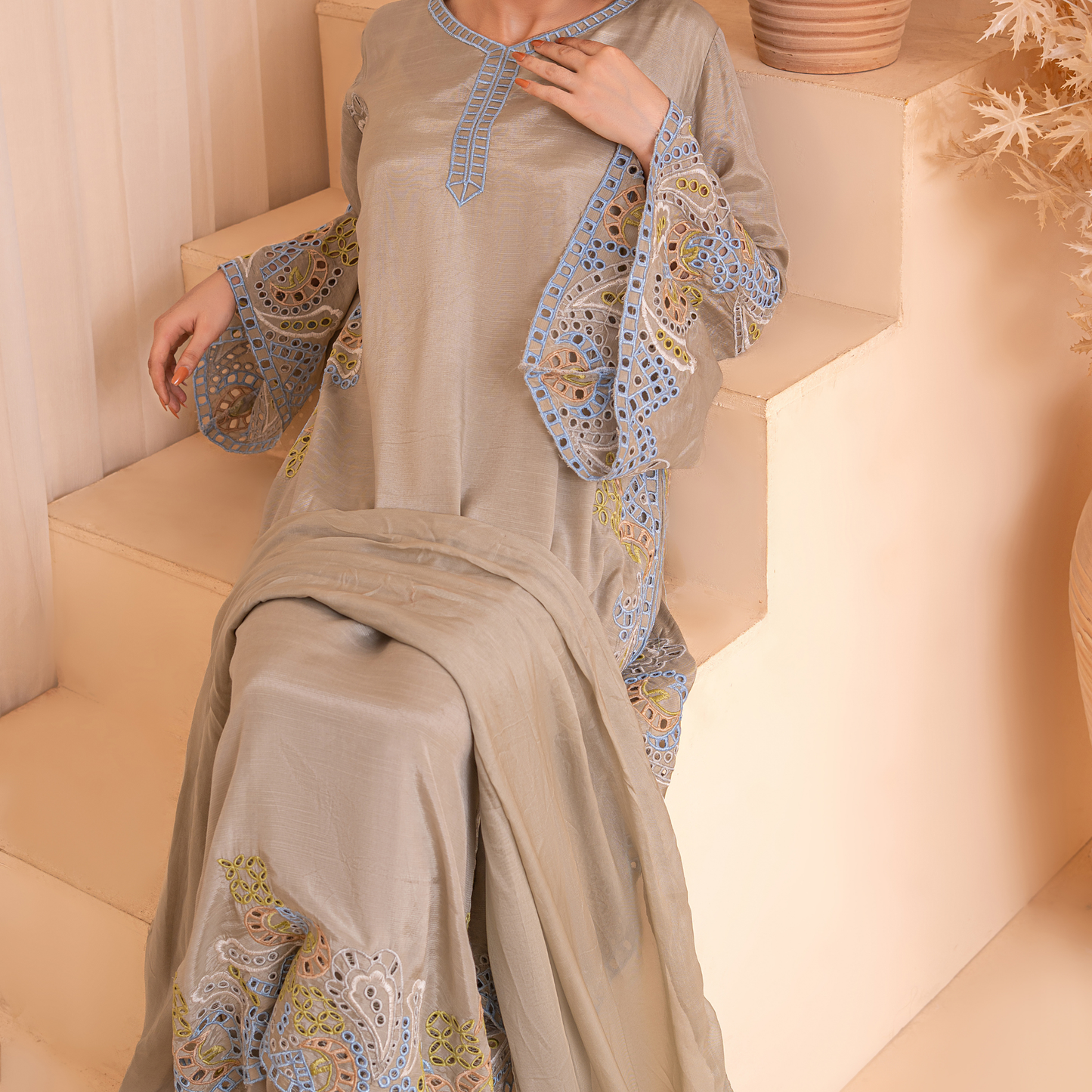Sheesha Silk Cutwork Embroidered 3-Piece Suit with Cotton Silk Trouser & Medium Dupatta