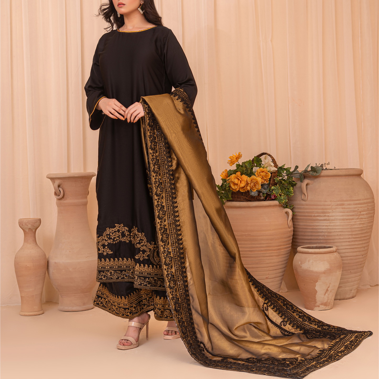 Premium Silk China Embroidered Sharara Suit Set with Tissue Silk Dupatta | Luxury Pakistani Wedding & Eid Outfit