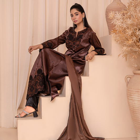 3-Piece Korean Silk Embroidered Kaftan Set with Trouser & Medium Silk Dupatta