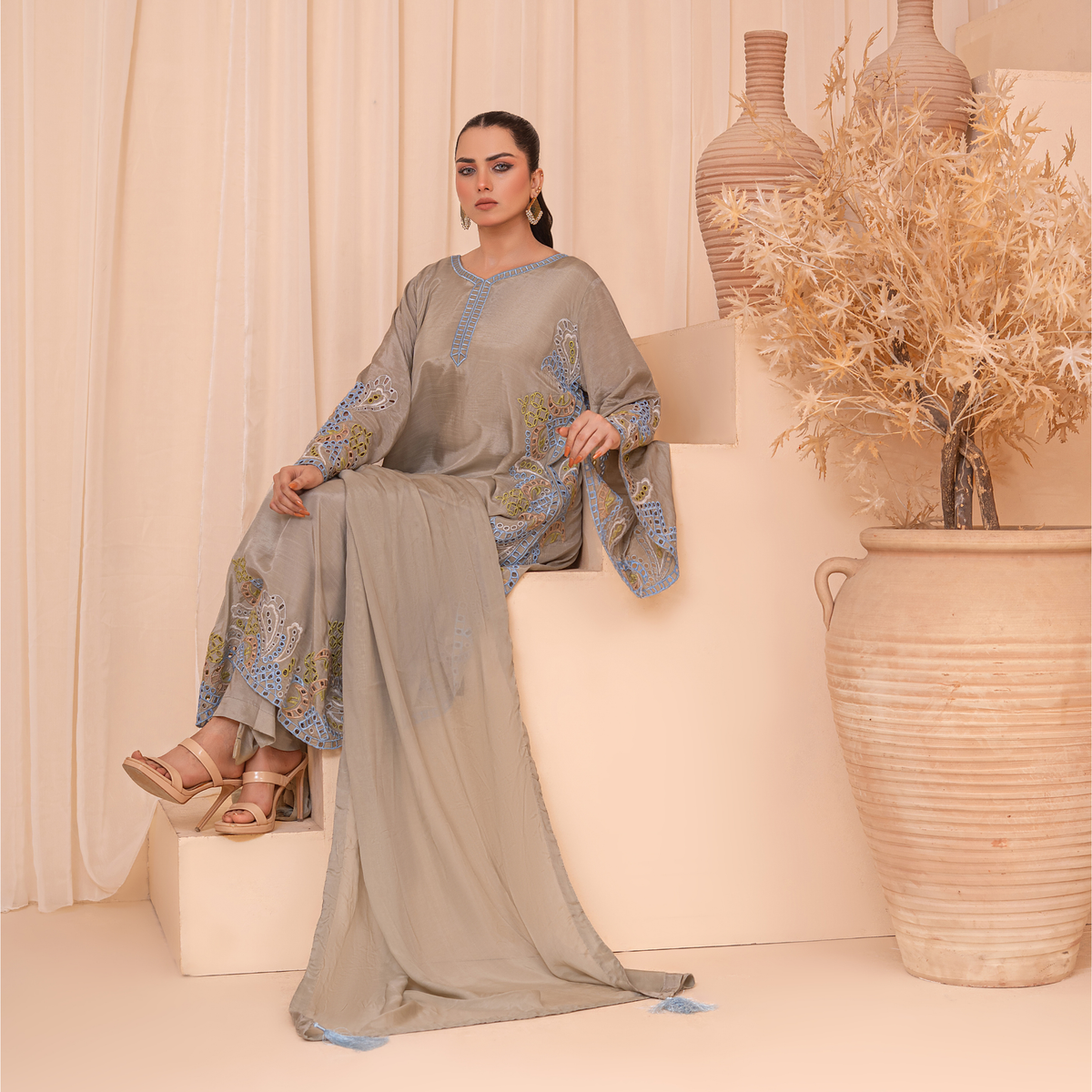 Sheesha Silk Cutwork Embroidered 3-Piece Suit with Cotton Silk Trouser & Medium Dupatta
