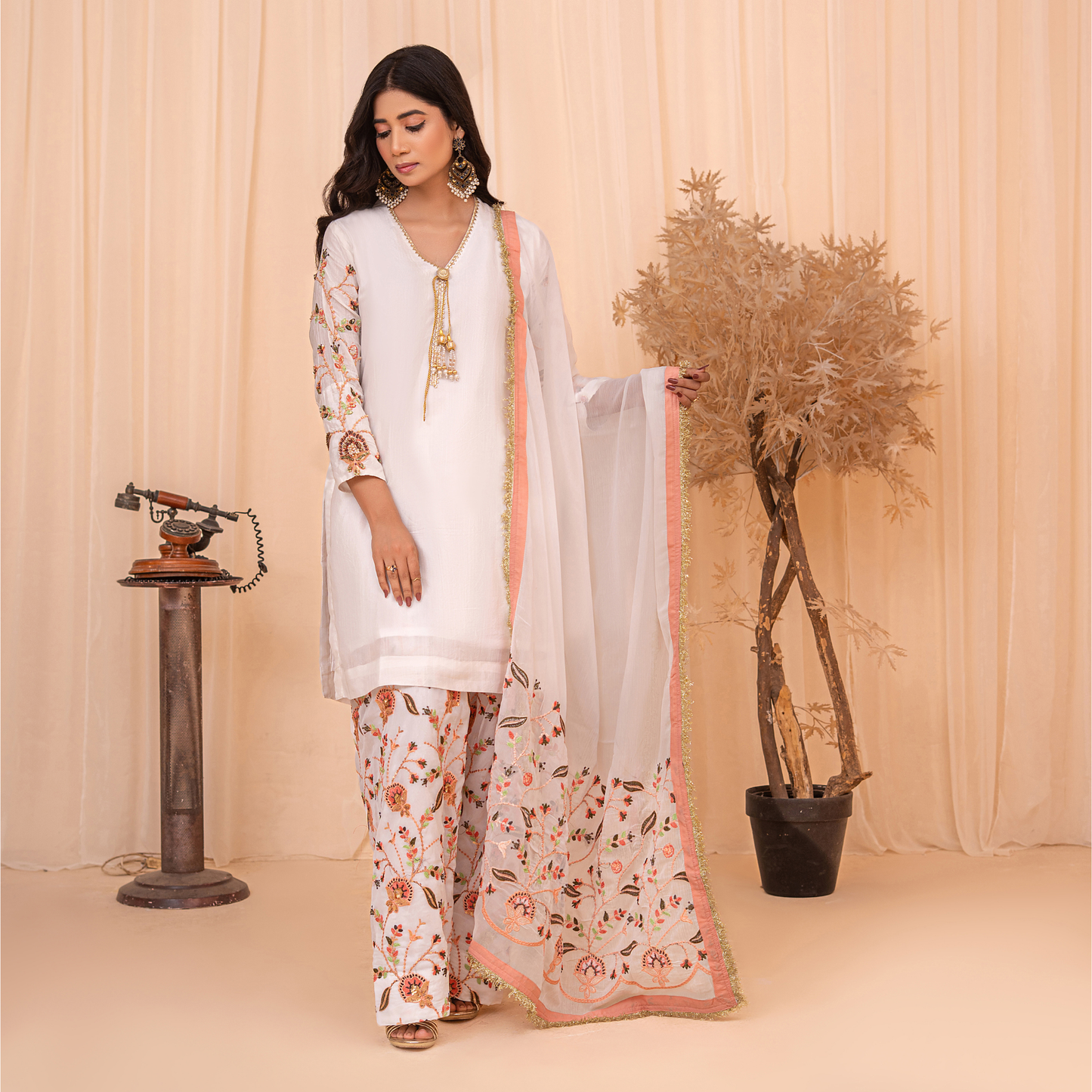 Pure Raw Silk 3-Piece Embroidered Suit | Handwork Sleeves, Farshi Shalwar & Chiffon Dupatta