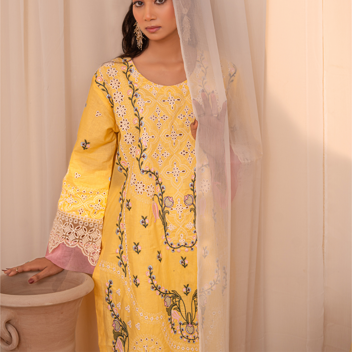 3-Piece Korean Silk Kaftan Set for Women – Embroidered Stitched Kaftan with Trouser & Dupatta