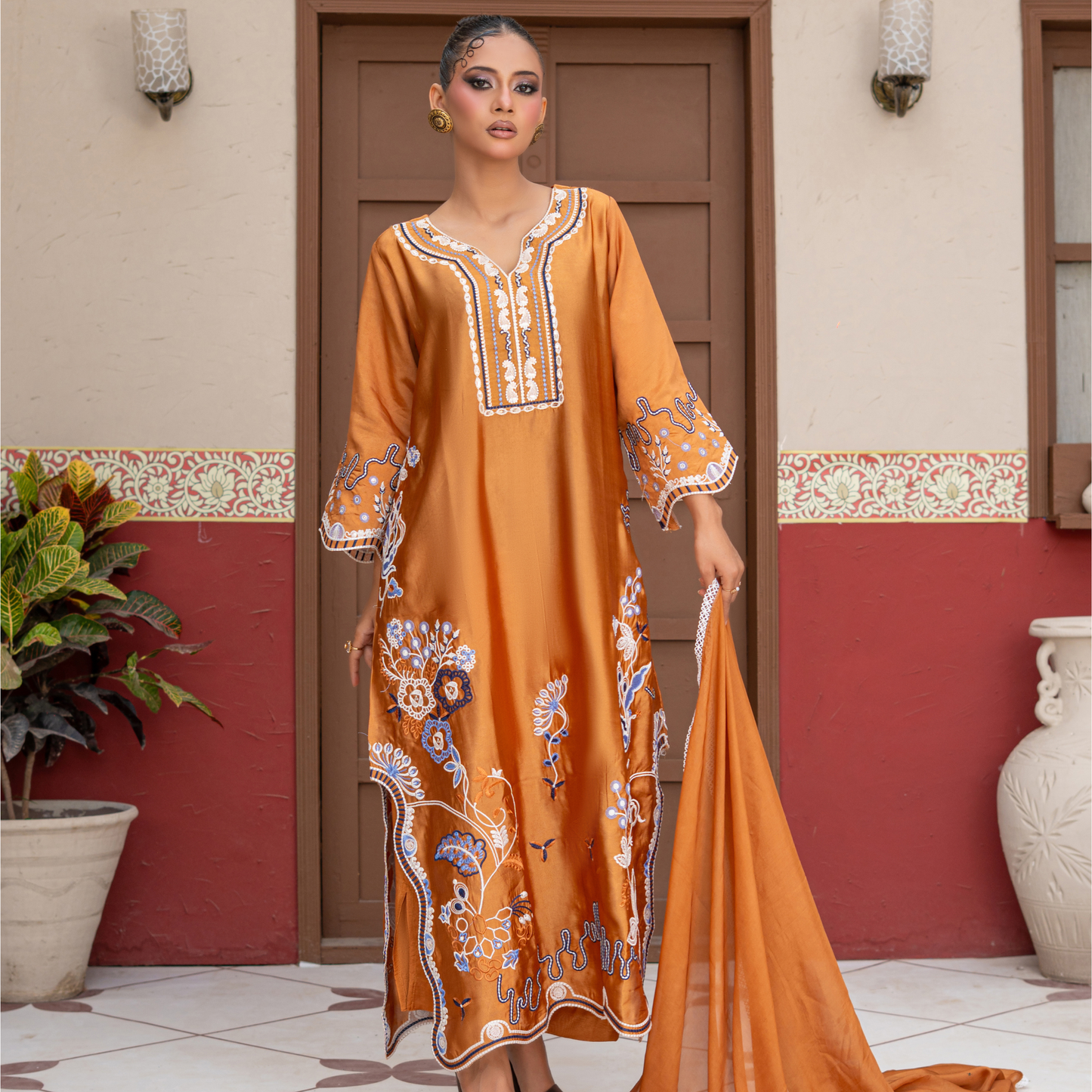 Premium Sheesha Silk Kaftan | Embroidered 3 Piece Pakistani Dress