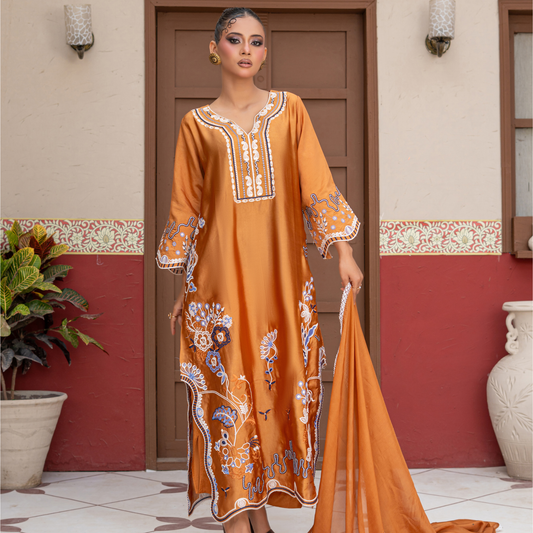 Premium Sheesha Silk Kaftan | Embroidered 3 Piece Pakistani Dress