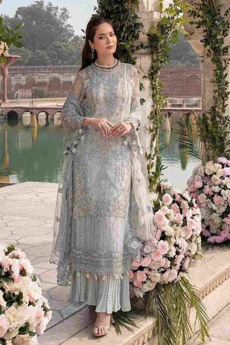 Meeral Luxe Grey | Net Embroidered Bridal Dress with Silk Trousers & Dupatta | Thread, Sequins & Pearl Work