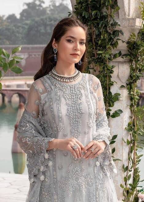 Meeral Luxe Grey | Net Embroidered Bridal Dress with Silk Trousers & Dupatta | Thread, Sequins & Pearl Work