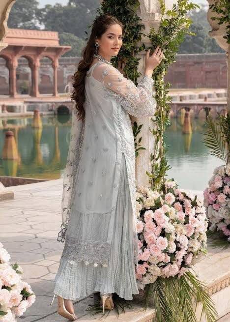 Meeral Luxe Grey | Net Embroidered Bridal Dress with Silk Trousers & Dupatta | Thread, Sequins & Pearl Work