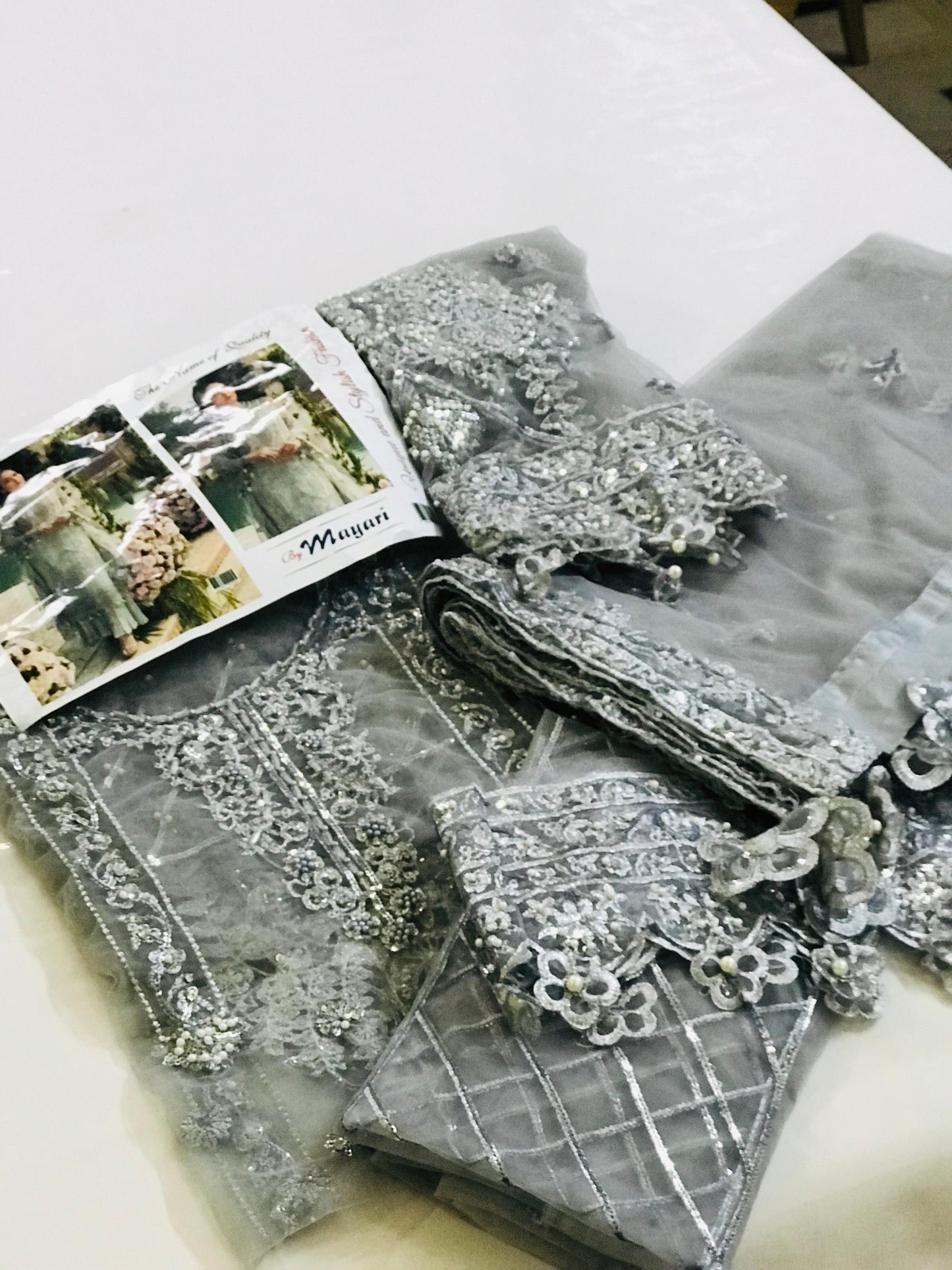 Meeral Luxe Grey | Net Embroidered Bridal Dress with Silk Trousers & Dupatta | Thread, Sequins & Pearl Work