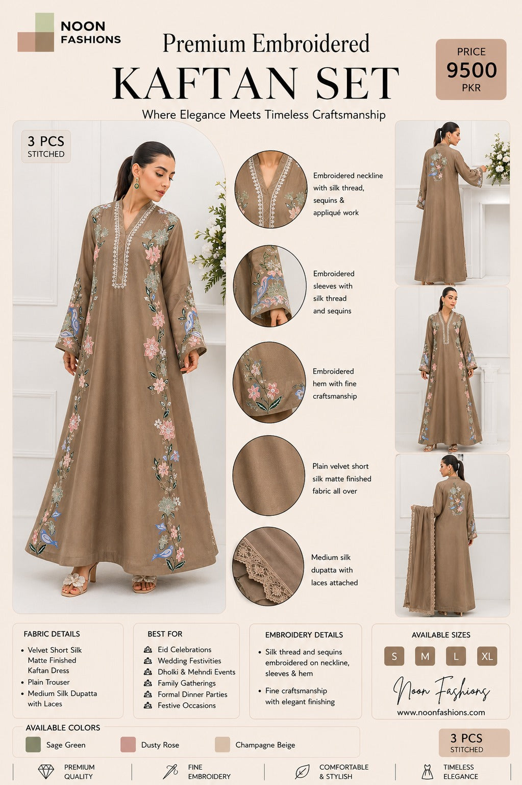 Luxury Embroidered Russian Silk Kaftan – 3 Piece Stitched Set