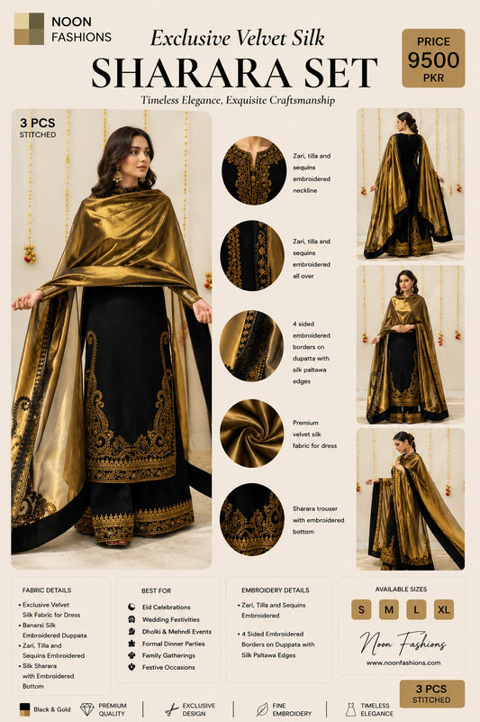 Exclusive Velvet Silk Embroidered Sharara Set (3 PCS Stitched) – Black & Gold