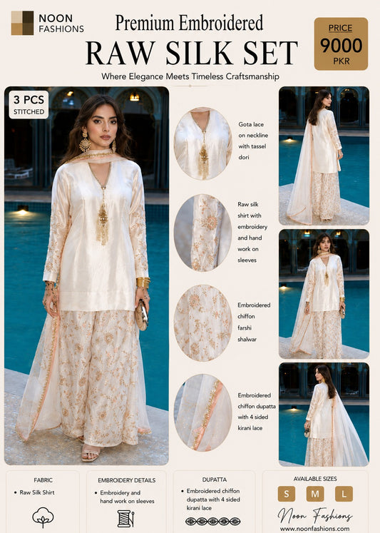 Premium Embroidered Raw Silk Set With Chiffon Farshi Shalwar (3 PCS Stitched) – Ivory Cream
