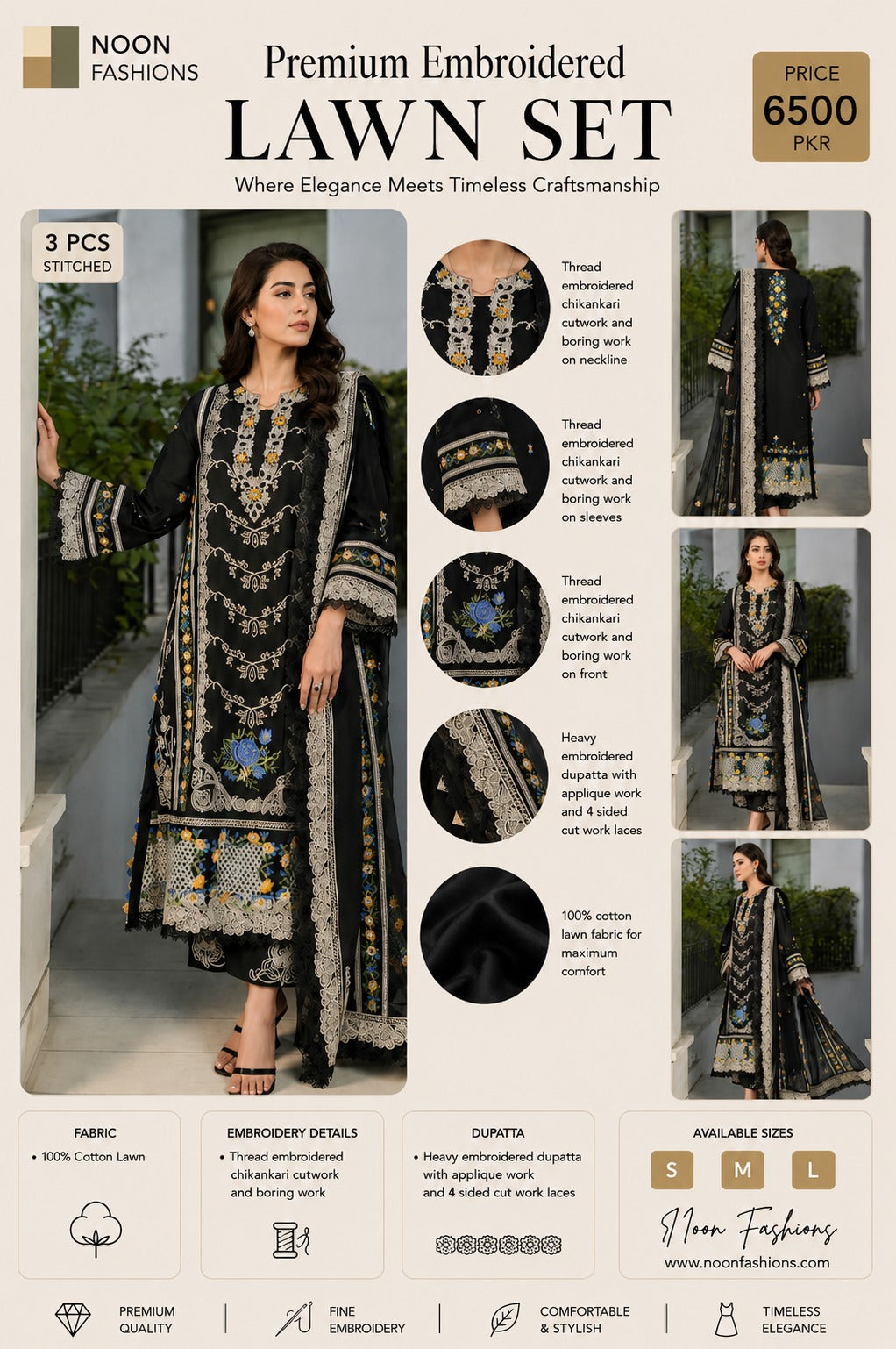 Premium Embroidered Chikankari Cotton Lawn Set (3 PCS Stitched) – Royal Black & Floral Accent