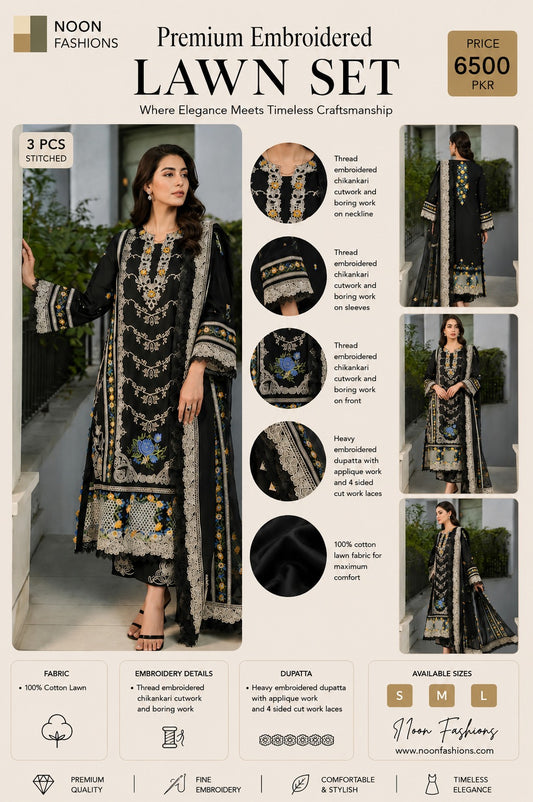 Premium Embroidered Chikankari Cotton Lawn Set (3 PCS Stitched) – Royal Black & Floral Accent