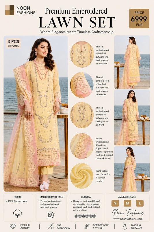 Premium Embroidered Chikankari Cotton Lawn Set (3 PCS Stitched) – Pastel Yellow & Peach