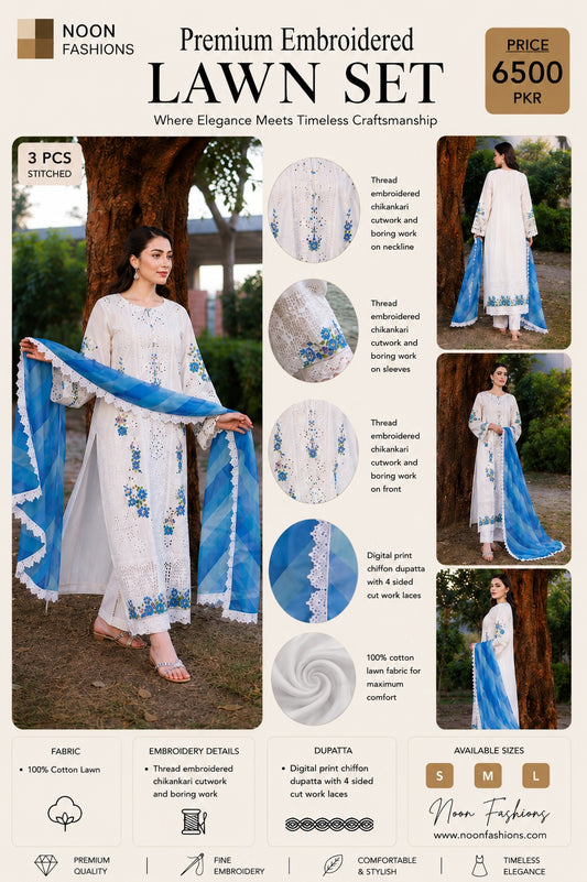 Premium Embroidered Chikankari Cotton Lawn Set (3 PCS Stitched) – Off-White & Ocean Blue
