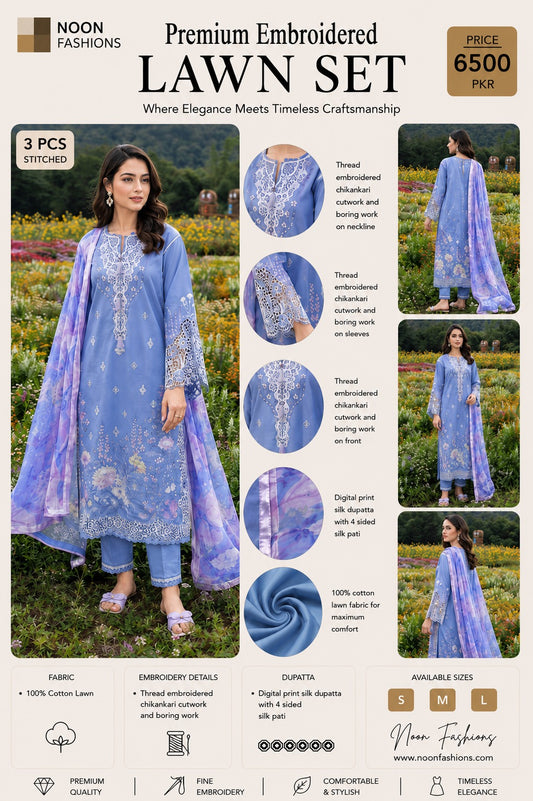 Premium Embroidered Chikankari Cotton Lawn Set (3 PCS Stitched) – Soft Periwinkle Blue