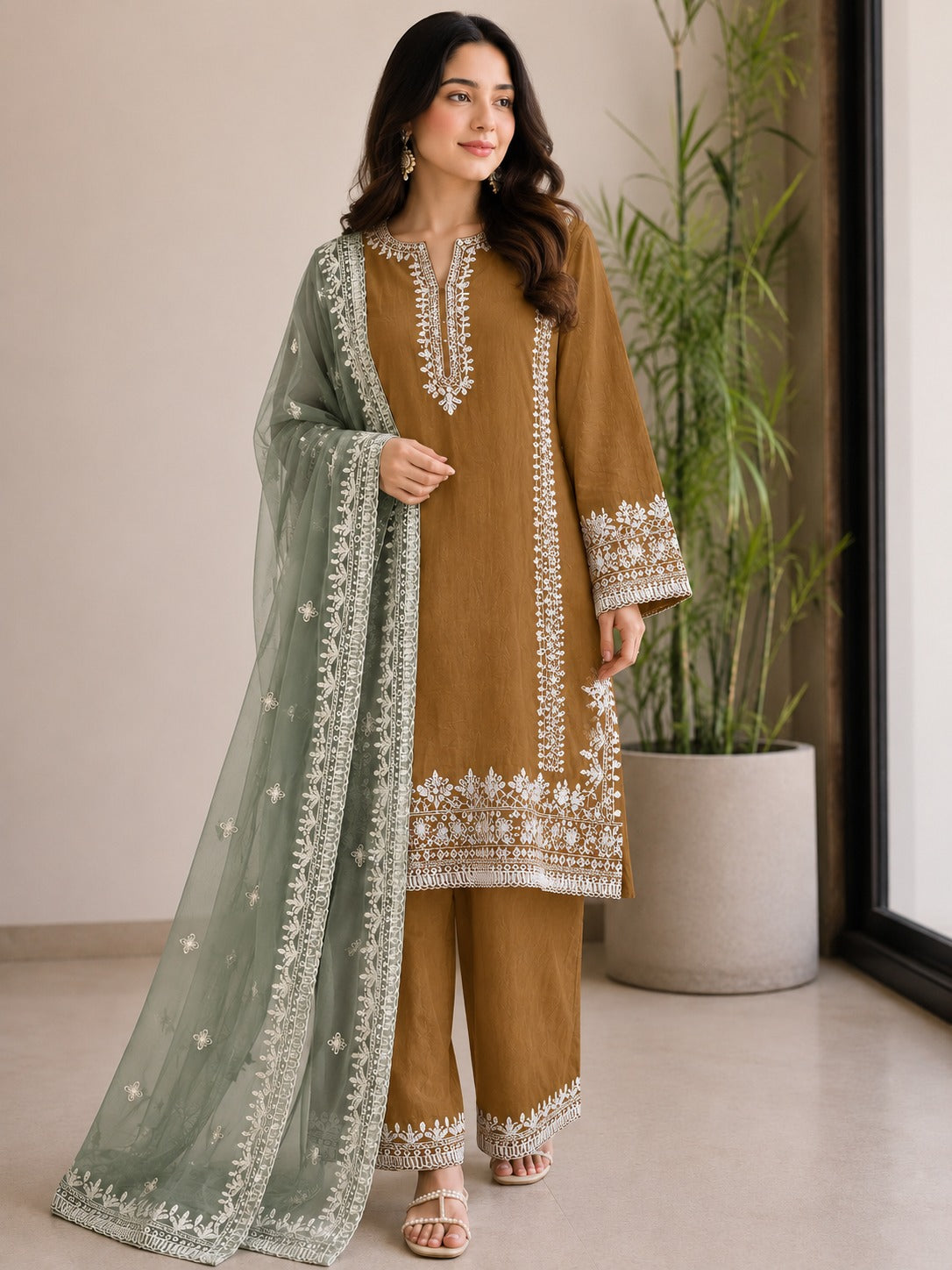 Pure Raw Silk Embroidered Suit with Crinkle Chiffon Dupatta – Mustard & Sage Green