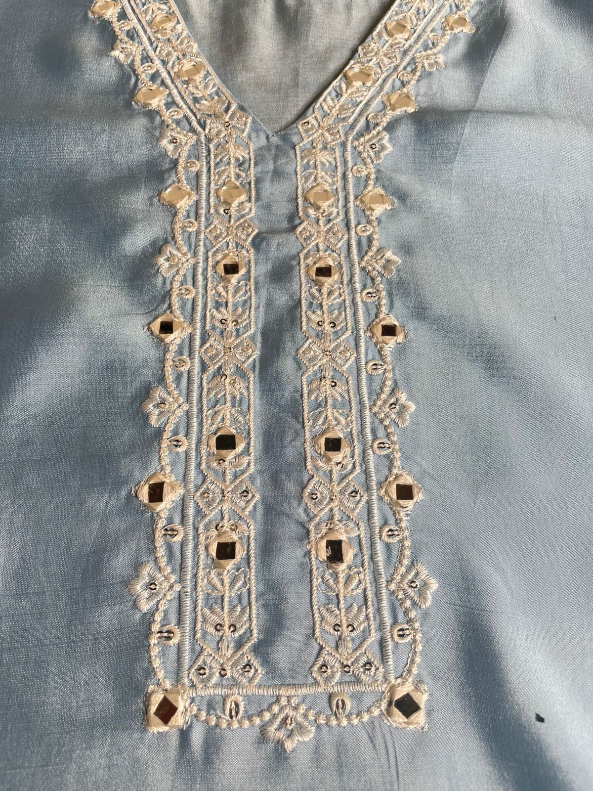 Premium Embroidered Pure Sheesha Silk Kaftan Set (3 PCS Stitched) – Powder Blue & White