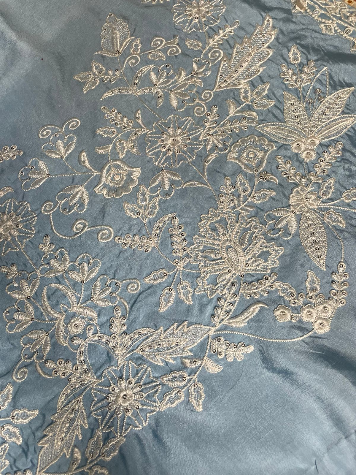 Premium Embroidered Pure Sheesha Silk Kaftan Set (3 PCS Stitched) – Powder Blue & White